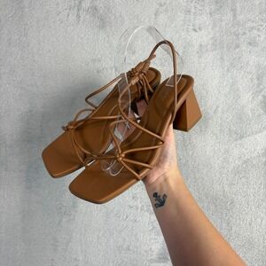 Marc Fisher LTD Calynda Strappy Block Heel Sandals Tan Square Toe Womens 9.5 M